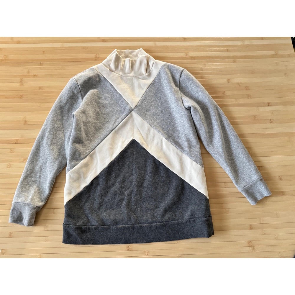 T by Talbots Womens Petite M Colorblock Mock Neck Chevron Fleece Sweatshirt Grey
